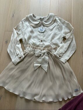 Donnie Kids Cream Pleated Bow-Waist Formal Dress